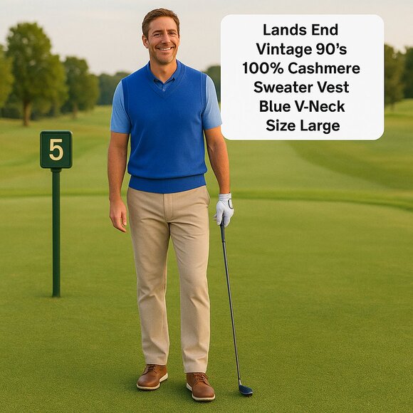 Lands End Vintage 90's 100% Cashmere Sweater Vest Blue V-Neck Golf - Picture 1 of 8